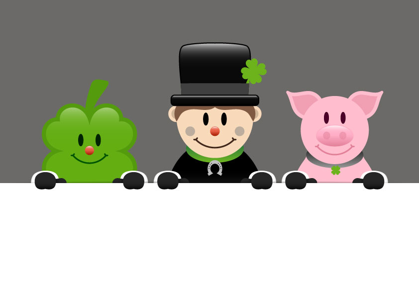 Bild im Zeichentrickstil. mit drei Figuren die lächeln und wie über eine Wand blicken. Die Figuren von rechts nach links: Ein Kleeblatt, ein Schornsteinfeger, ein Schweinchen