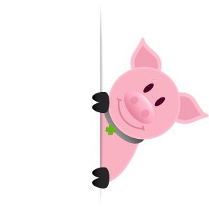 Bild im Zeichentrickstil. mit Figur die lächelt und wie um die Ecke hinter einer Wand hervor blickt. Die Figur stellt ein Schweinchen dar.