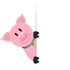 Bild im Zeichentrickstil. mit Figur die lächelt und wie um die Ecke hinter einer Wand hervor blickt. Die Figur stellt eine Schweinchen dar.